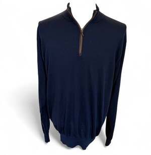 Peter Millar Autumn Crest 100% Merino Wool Leather Trim Quarter-Zip Sweater Navy